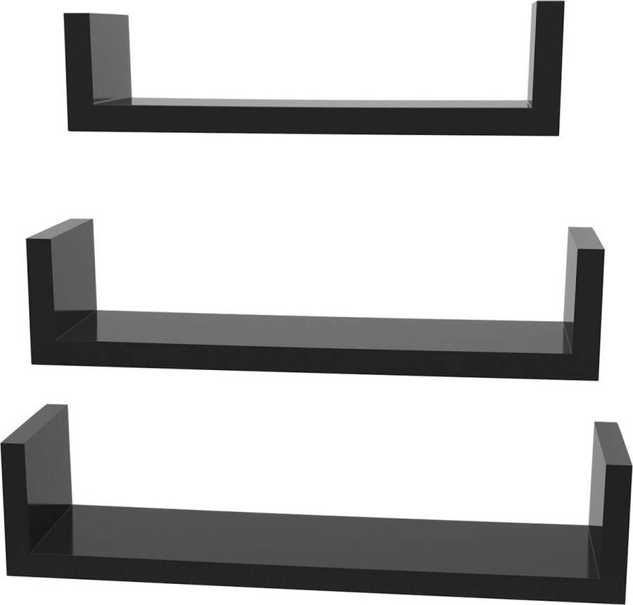 MeubelGigant Wandplanken Set van 3 Zwevende planken In U-vorm hoogglans Zwart