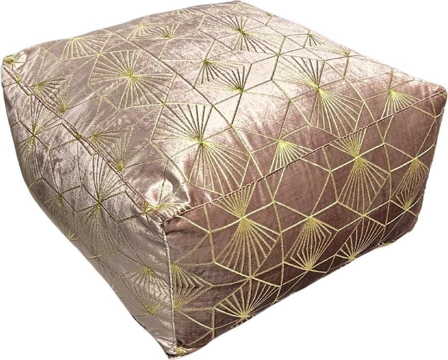 Meubelhal Handgemaakte Fluwelen Poef 55x55x30 cm Luxe Roze Voetenbank met Gouden Geometrisch Design