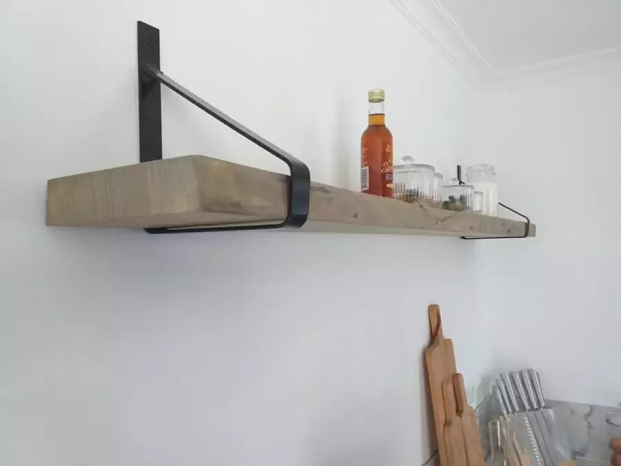 Meubelidee Massief Eiken Wandplank 80cm Industriële Plankdragers Staal Mat Zwart