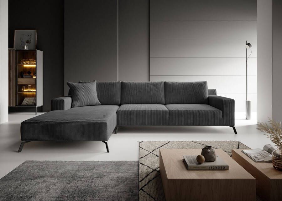 MEUBELLA Hoekbank Florencio Zwart ribstof Links