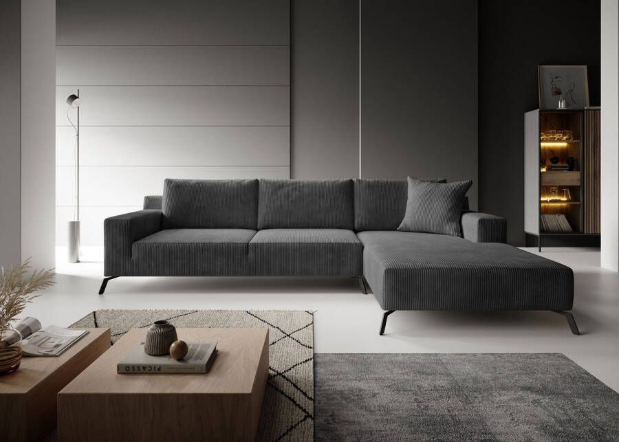 MEUBELLA Hoekbank Florencio Zwart ribstof Rechts