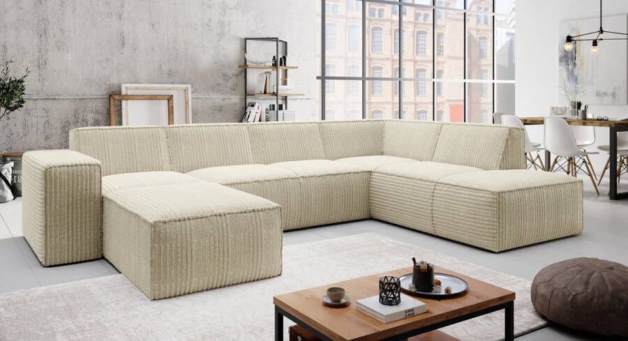 MEUBELLA Hoekbank Monet XL Beige Fluffy ribstof Links