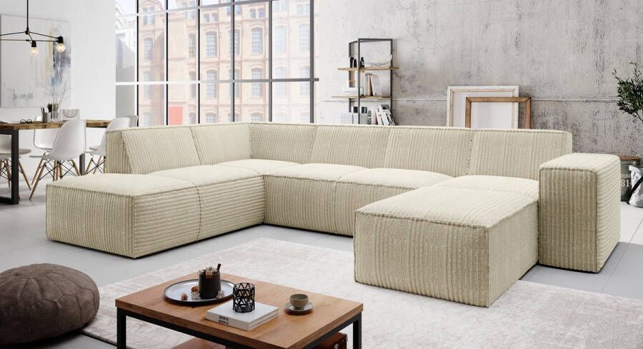 MEUBELLA Hoekbank Monet XL Beige Fluffy ribstof Rechts