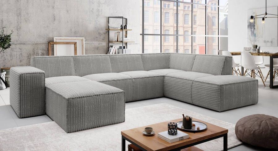 MEUBELLA Hoekbank Monet XL Grijs Fluffy ribstof Links