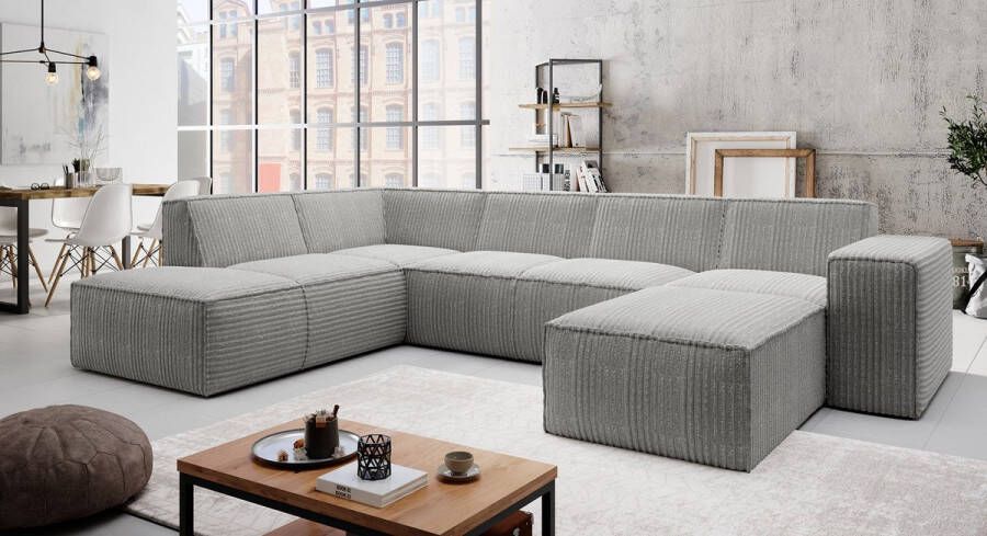 MEUBELLA Hoekbank Monet XL Grijs Fluffy ribstof Rechts