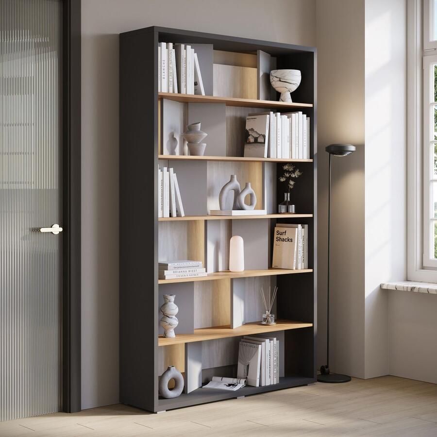 MEUBELLA Boekenkast Flamingo Grijs Eiken 125 cm