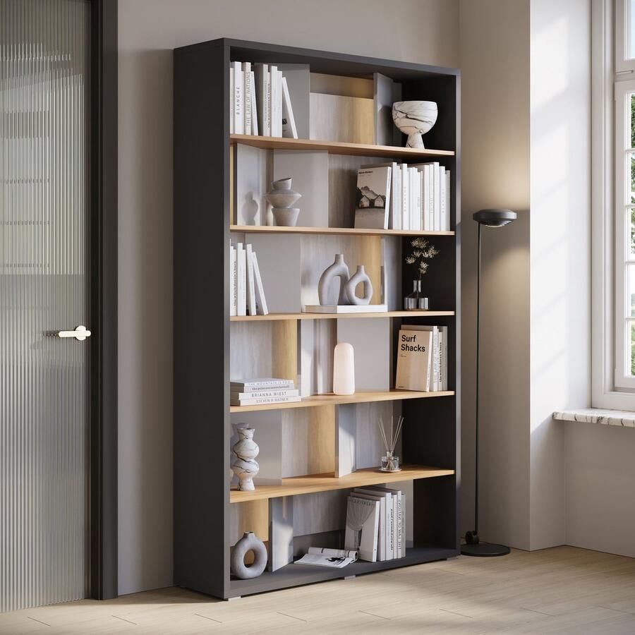 MEUBELLA Boekenkast Flamingo Grijs hoogglans Eiken 125 cm