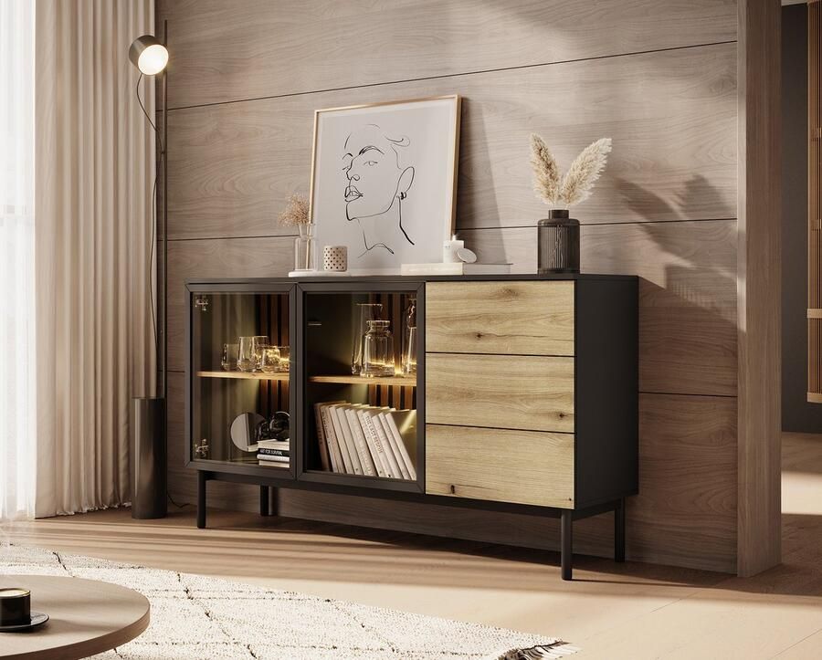 MEUBELLA Dressoir Ludwig Zwart Eiken 150 cm