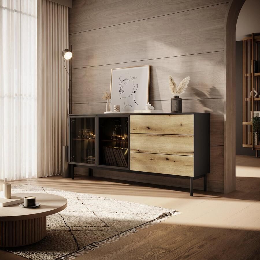 Meubella Dressoir Ludwig Zwart Eiken 180 cm