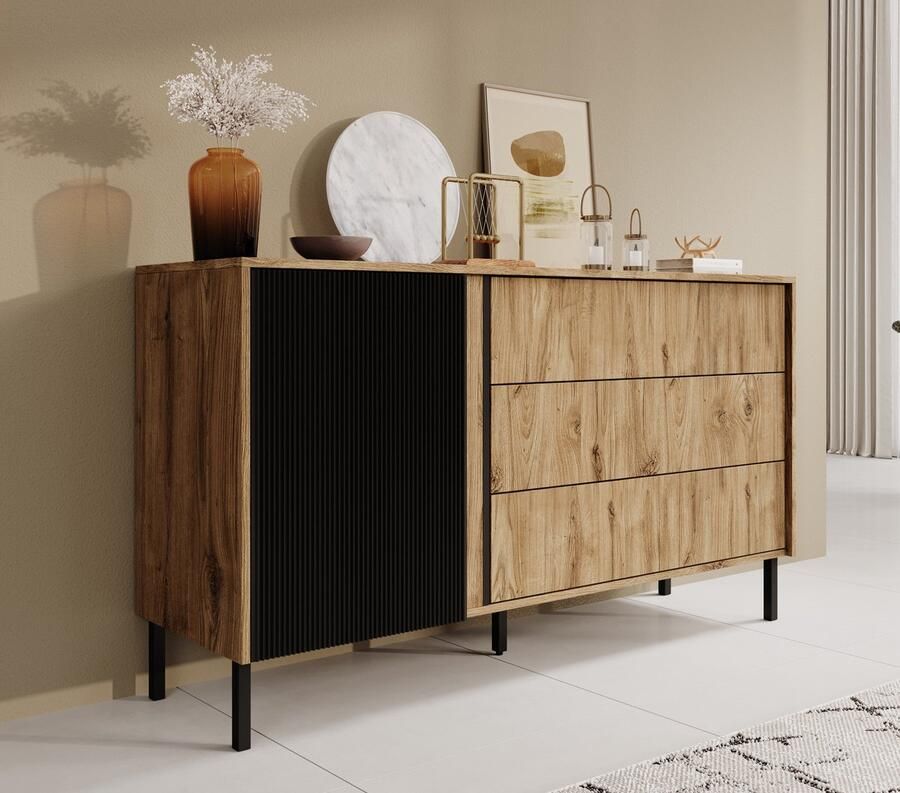 MEUBELLA Dressoir Margareth Eiken 145 cm 3 lades