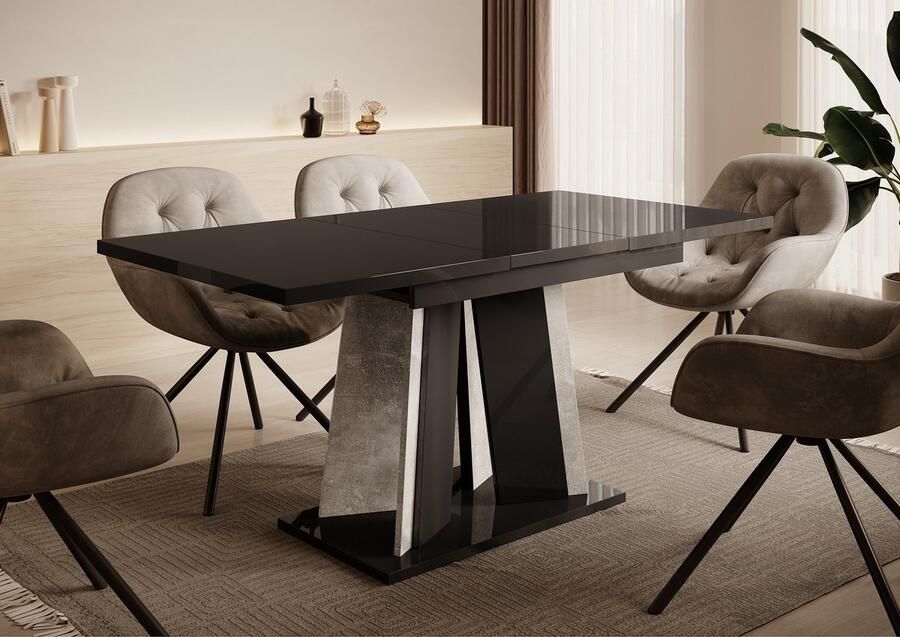 MEUBELLA Eetkamertafel Delilah Hoogglans zwart Betonlook 160 cm Uitschuifbaar