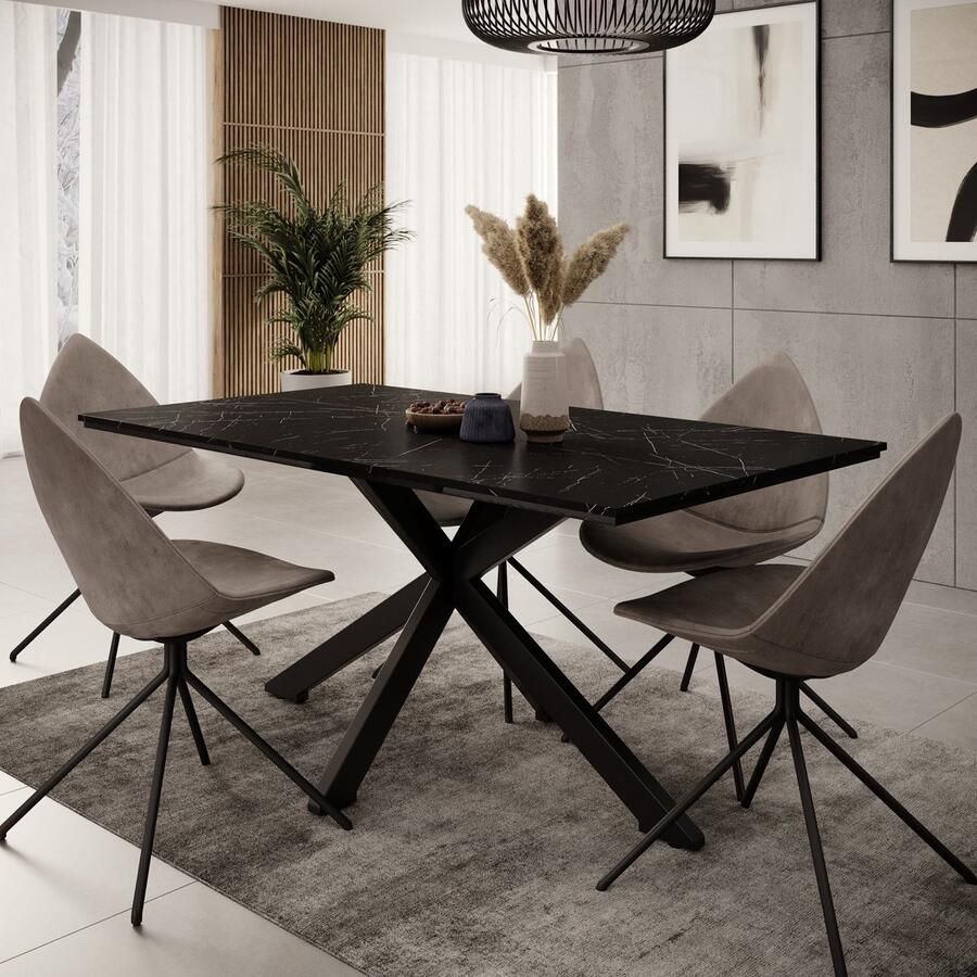 MEUBELLA Eetkamertafel Wabe Zwart marmerlook 160 cm