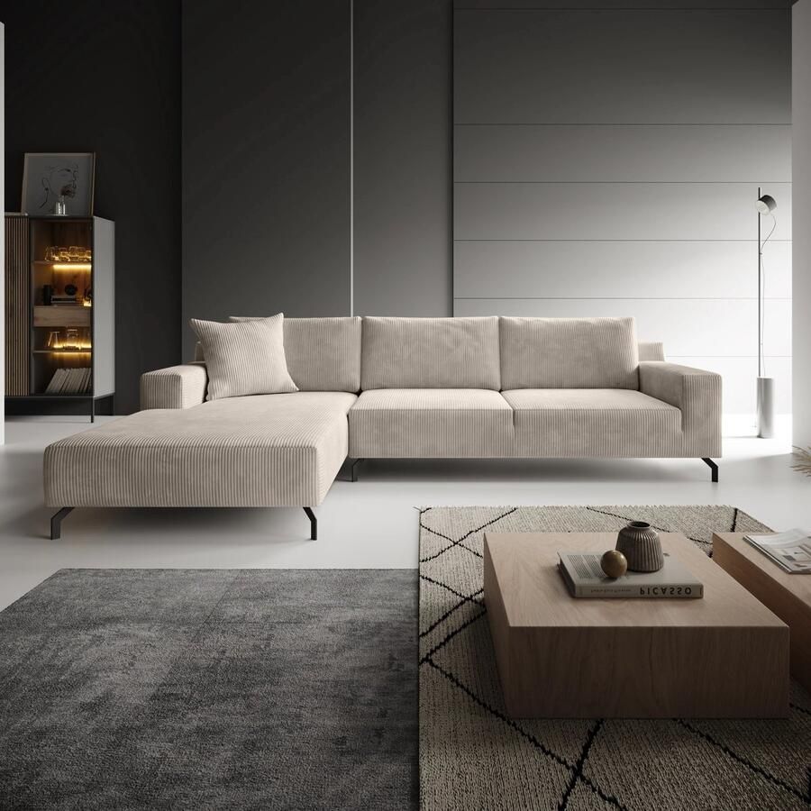 MEUBELLA Florencio Hoekbank 3-zits met chaise longue Ribstof beige Links