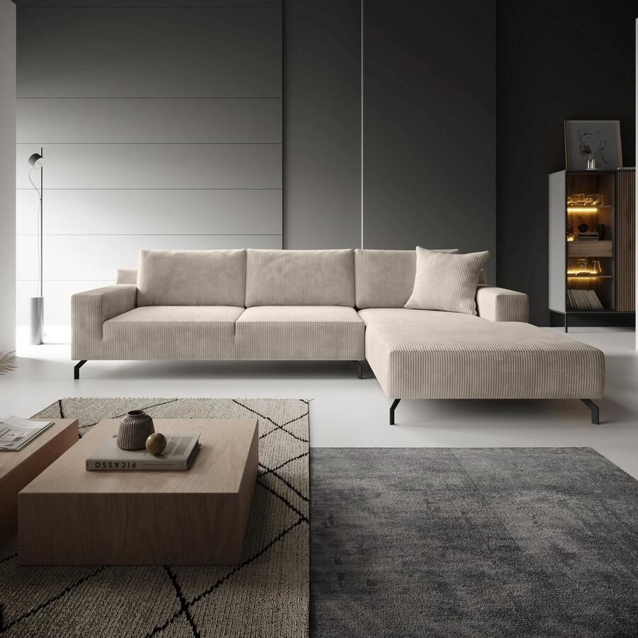 MEUBELLA Florencio Hoekbank 3-zits met chaise longue Ribstof beige Rechts