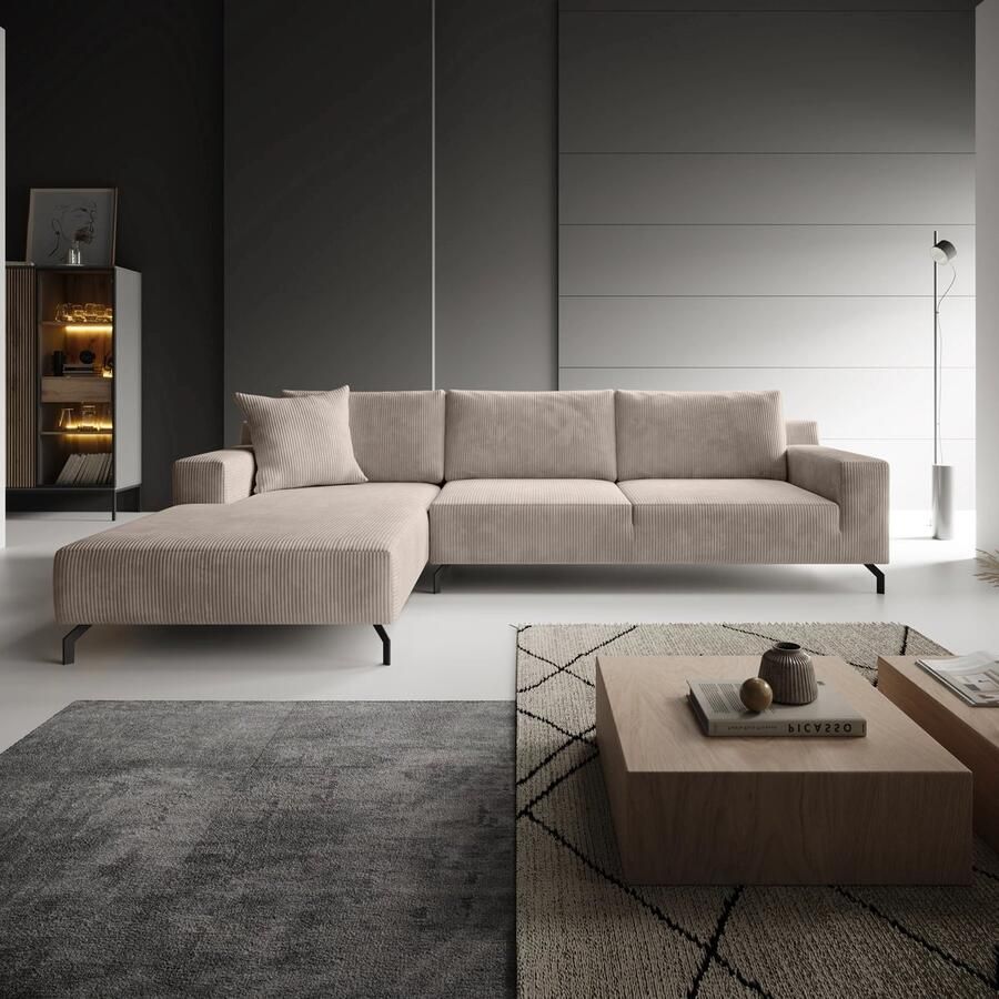 MEUBELLA Florencio Hoekbank 3-zits met chaise longue Ribstof bruin Links