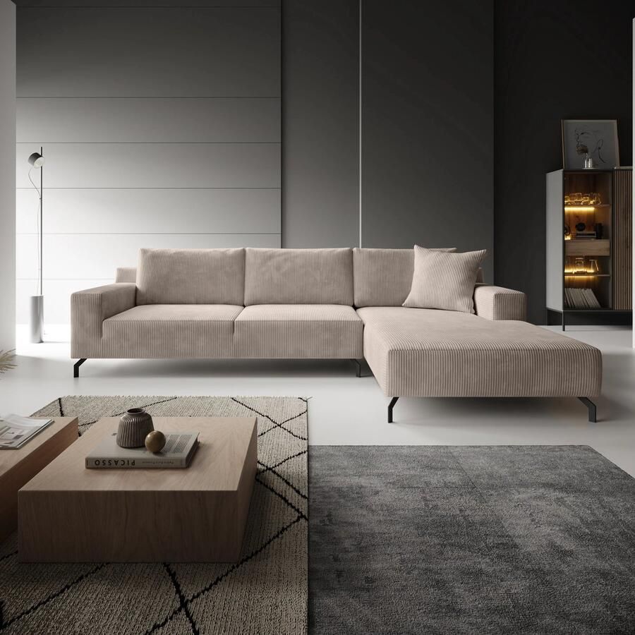 MEUBELLA Florencio Hoekbank 3-zits met chaise longue Ribstof bruin Rechts