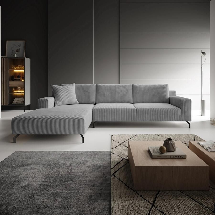 MEUBELLA Florencio Hoekbank 3-zits met chaise longue Ribstof grijs Links