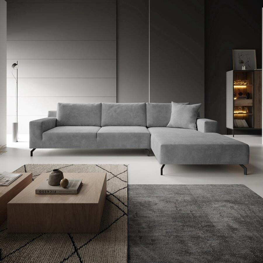 MEUBELLA Florencio Hoekbank 3-zits met chaise longue Ribstof grijs Rechts