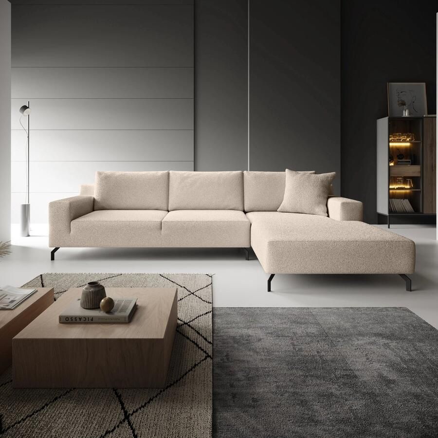 MEUBELLA Florencio Hoekbank 3-zits met chaise longue Teddystof beige Rechts