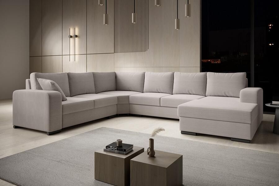 MEUBELLA Hoekbank Adel Beige Ribstof Rechts