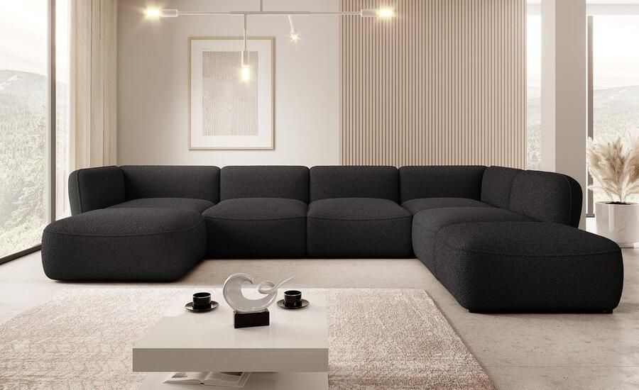 MEUBELLA Hoekbank Caesar Zwart Teddy Boucle stof Rechts