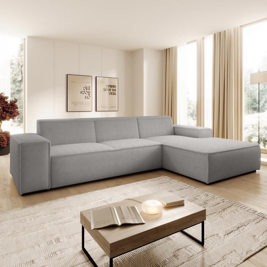 MEUBELLA Hoekbank Cardiff Grijs Ribstof Rechts