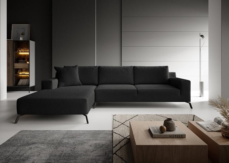 MEUBELLA Hoekbank Florencio Zwart teddystof boucle Links