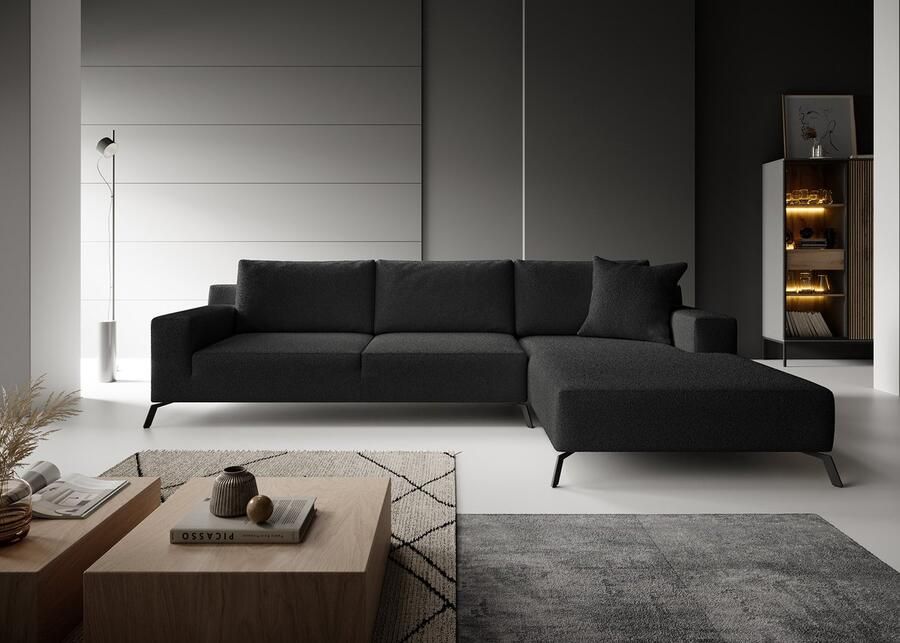 MEUBELLA Hoekbank Florencio Zwart teddystof boucle Rechts