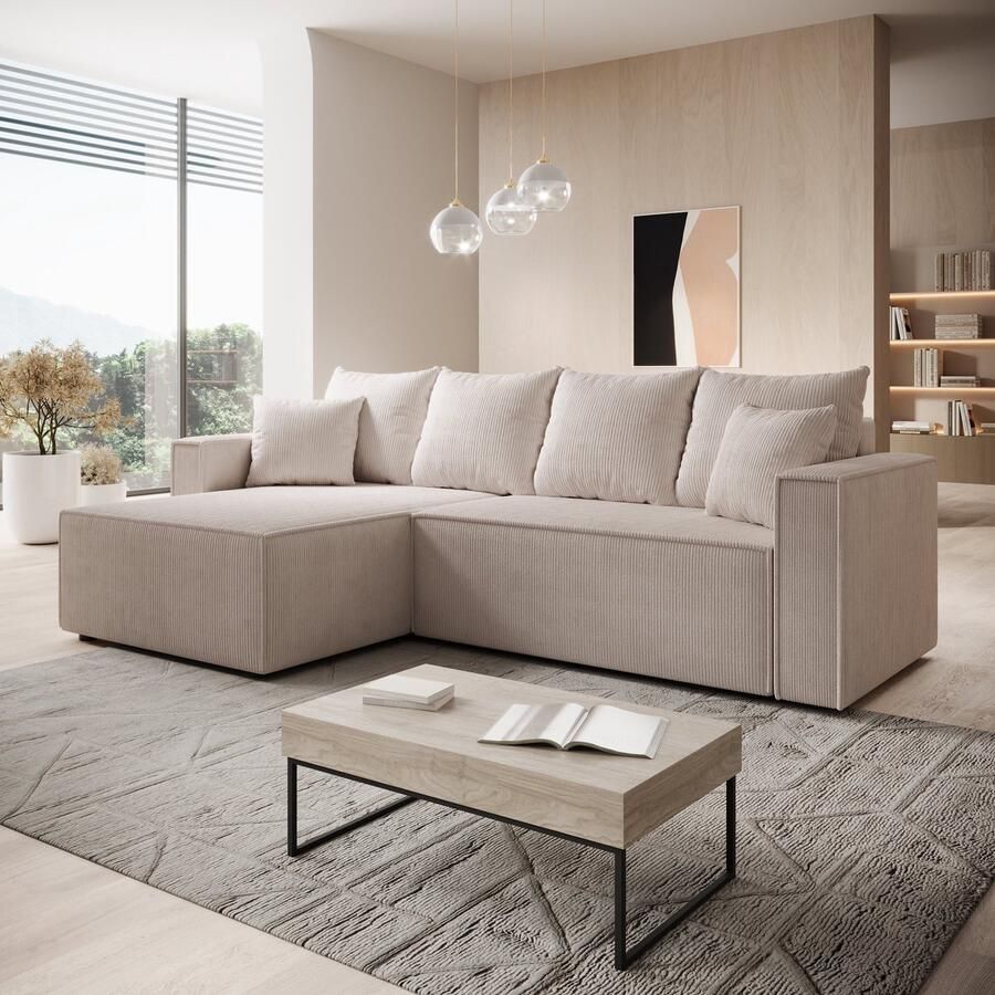 MEUBELLA Hoekbank Lawrence Beige Ribstof Links