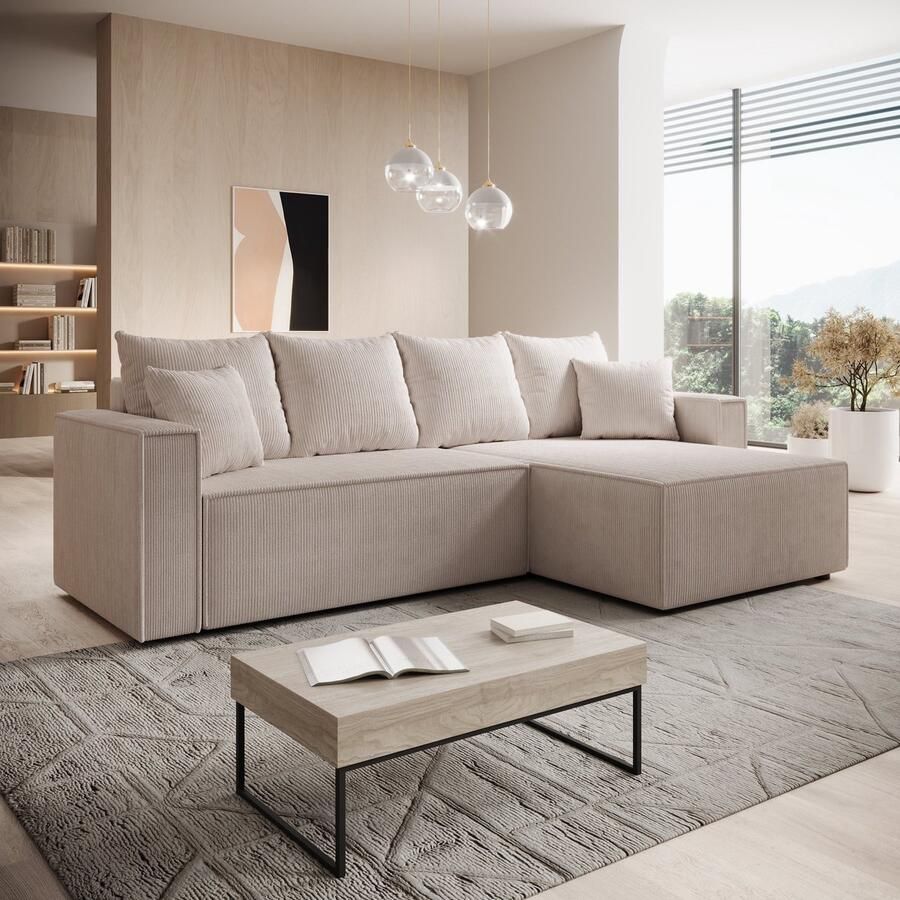 MEUBELLA Hoekbank Lawrence Beige Ribstof Rechts