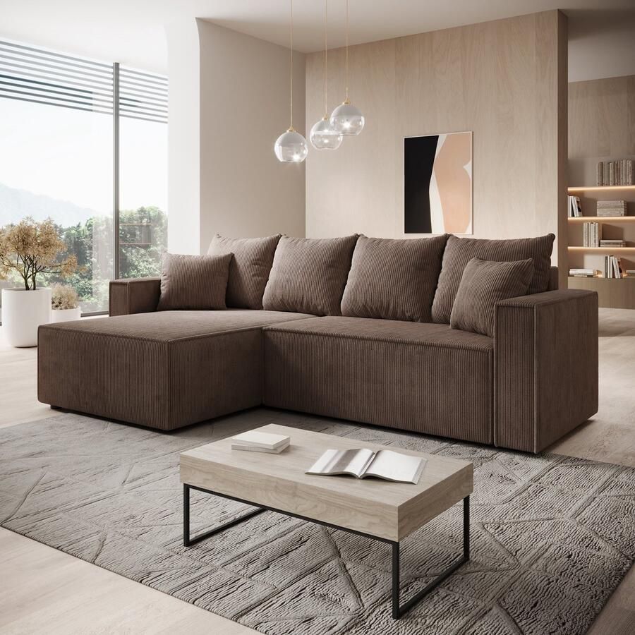MEUBELLA Hoekbank Lawrence Bruin Ribstof Links