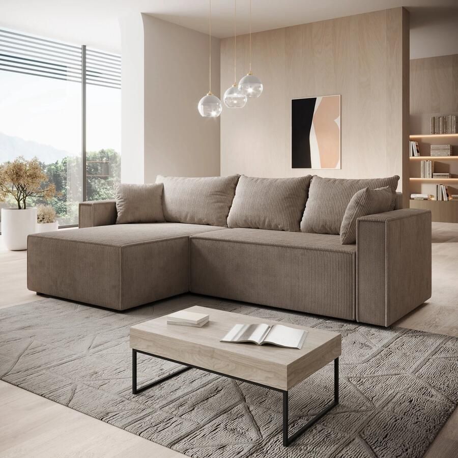 MEUBELLA Lawrence Hoekbank 3-zits met chaise longue Bruin Ribstof Links