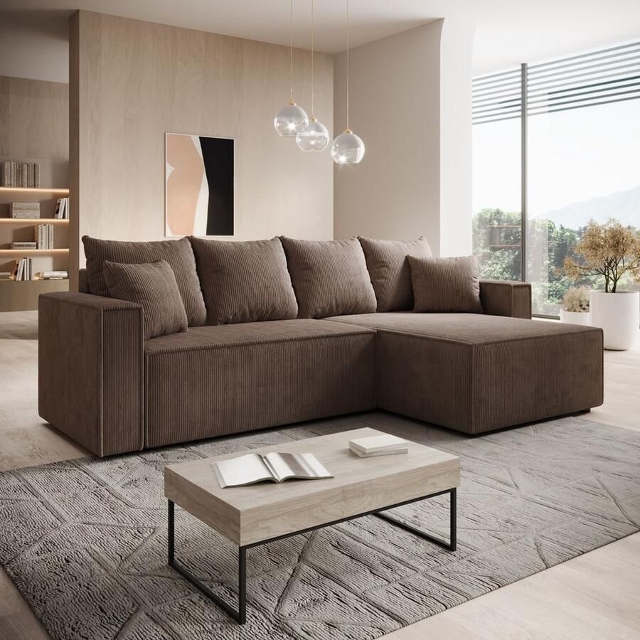 MEUBELLA Hoekbank Lawrence Bruin Ribstof Rechts