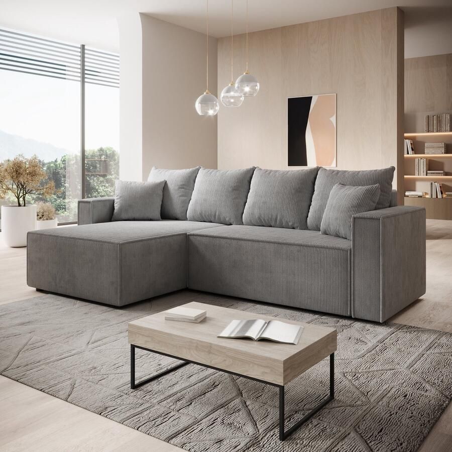 MEUBELLA Hoekbank Lawrence Grijs Ribstof Links