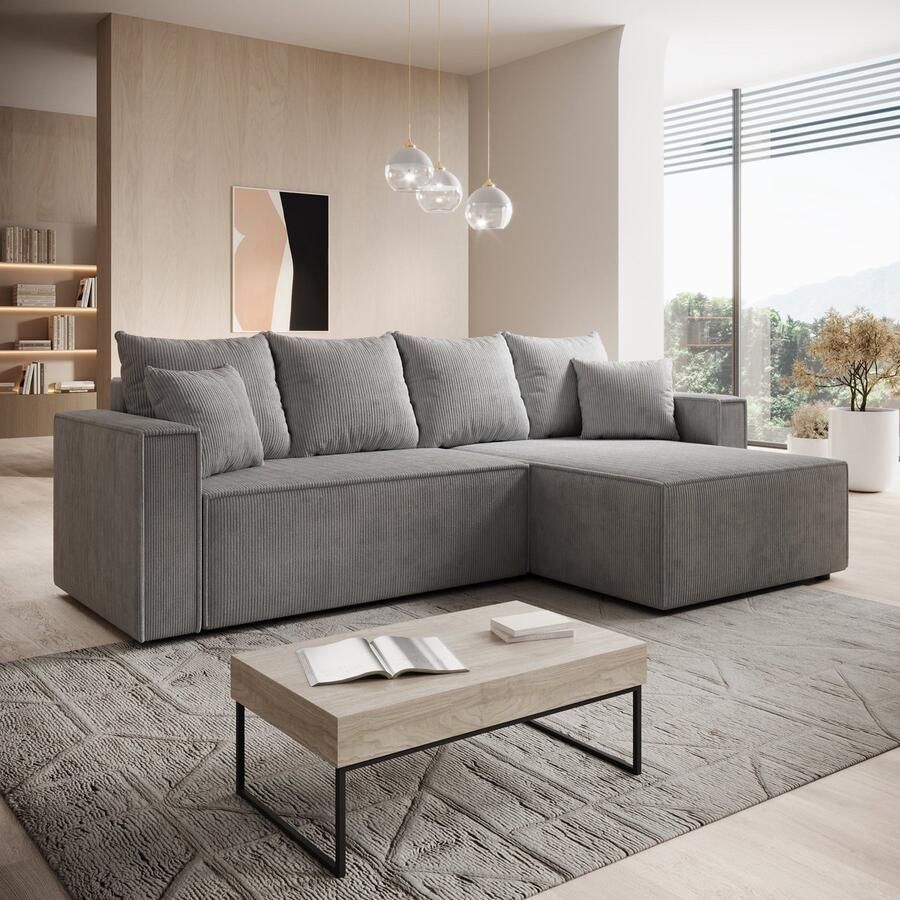 MEUBELLA Hoekbank Lawrence Grijs Ribstof Rechts