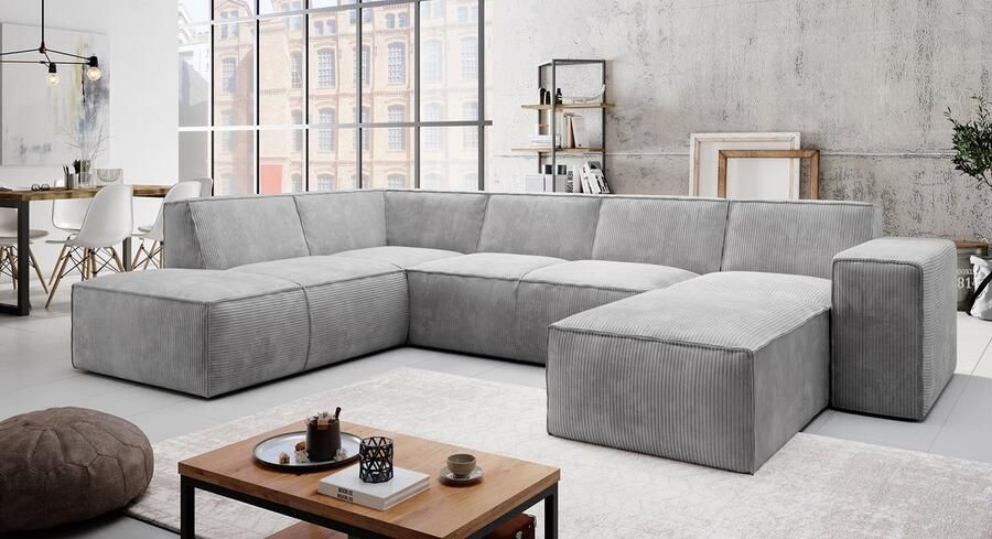 MEUBELLA Hoekbank Monet XL Grijs Ribstof Rechts