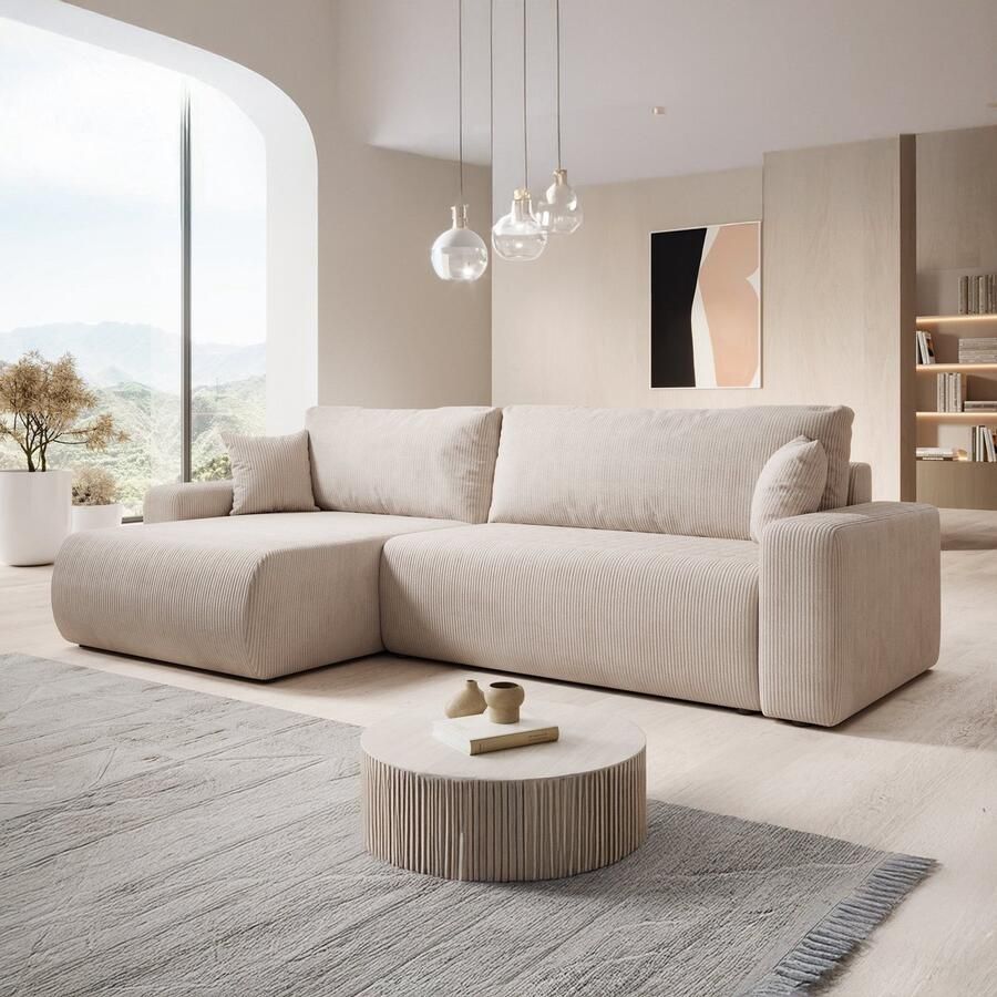 MEUBELLA Hoekbank Pago Maxi L Beige Ribstof Universeel