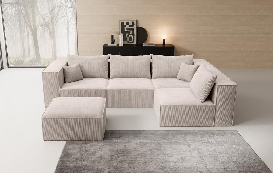 MEUBELLA Hoekbank Pudsey Beige Ribstof Universeel