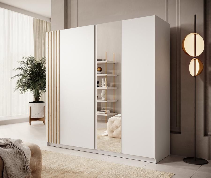 MEUBELLA Kledingkast Boets Wit Eiken 200 cm Met spiegel