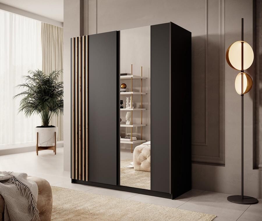 MEUBELLA Kledingkast Boets Zwart Eiken 150 cm Met spiegel