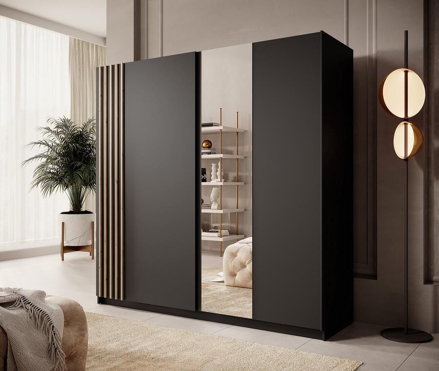 MEUBELLA Kledingkast Boets Zwart Eiken 200 cm Met spiegel