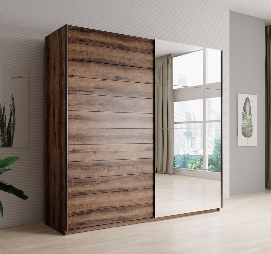 MEUBELLA Kledingkast Brown Eiken 200 cm Met spiegel