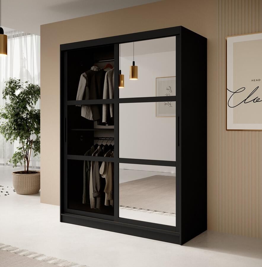 MEUBELLA Kledingkast Davies Zwart 150 cm Met spiegel