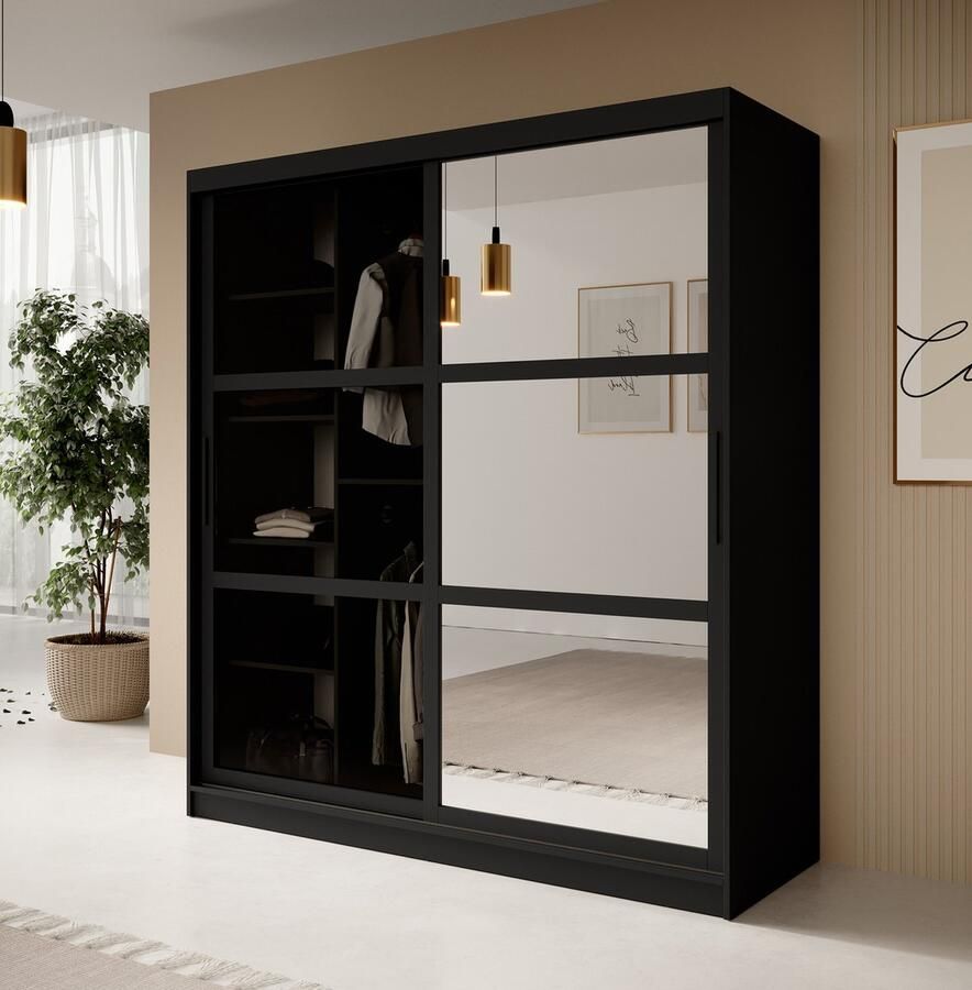 MEUBELLA Kledingkast Davies Zwart 180 cm Met spiegel