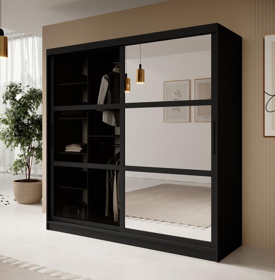 MEUBELLA Kledingkast Davies Zwart 200 cm Met spiegel