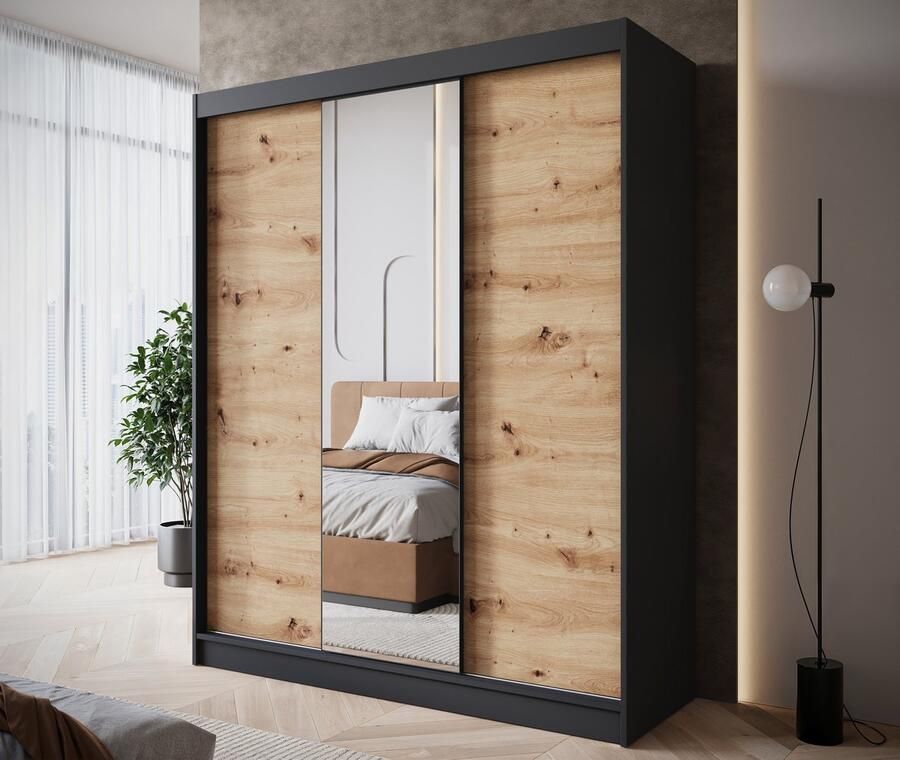 MEUBELLA Kledingkast Epirus Zwart 180 cm Met spiegel