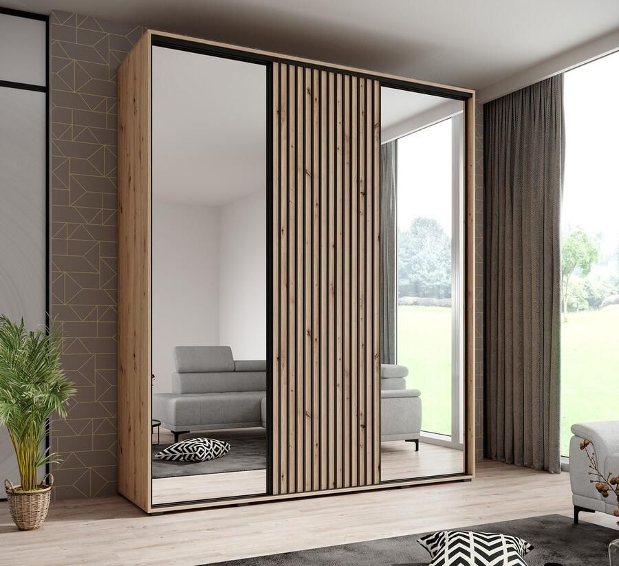 MEUBELLA Kledingkast Leandro Eiken 200 cm Met spiegel