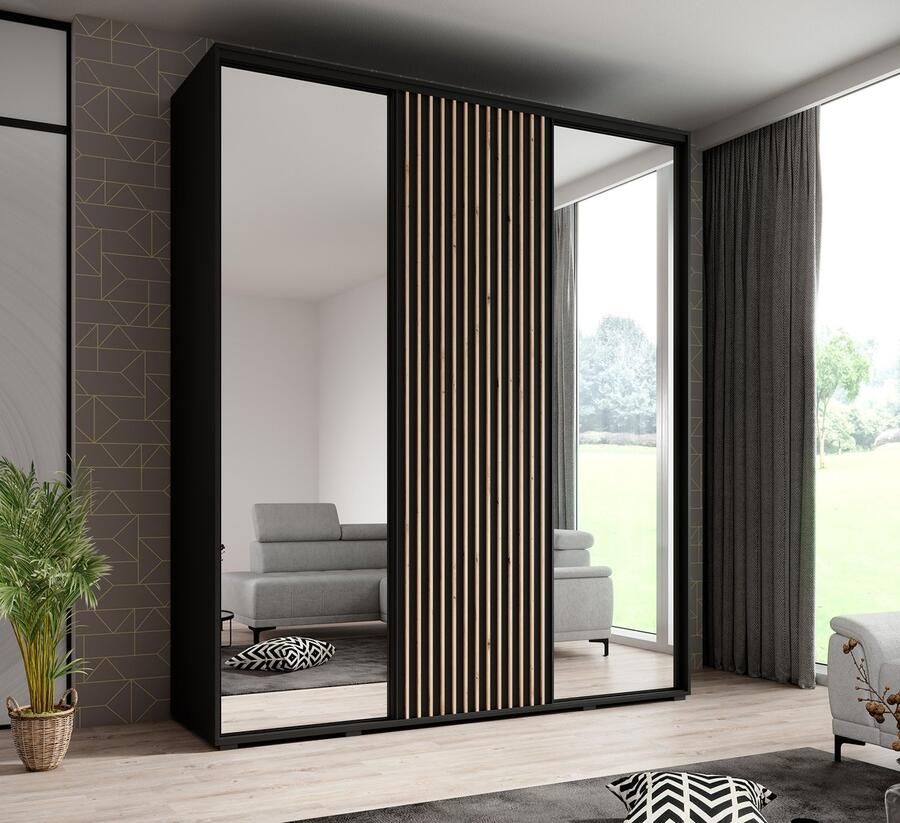 MEUBELLA Kledingkast Leandro Zwart 200 cm Met spiegel