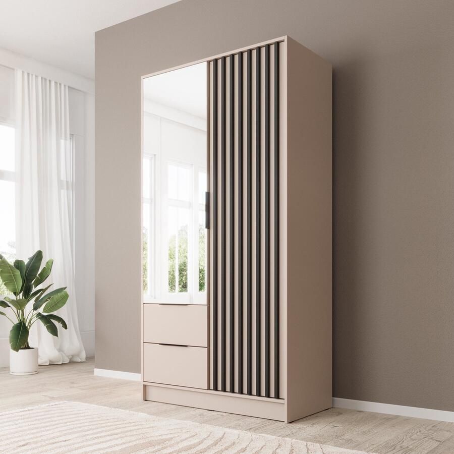 MEUBELLA Kledingkast Nairobi Beige Zwart 105 cm met spiegel