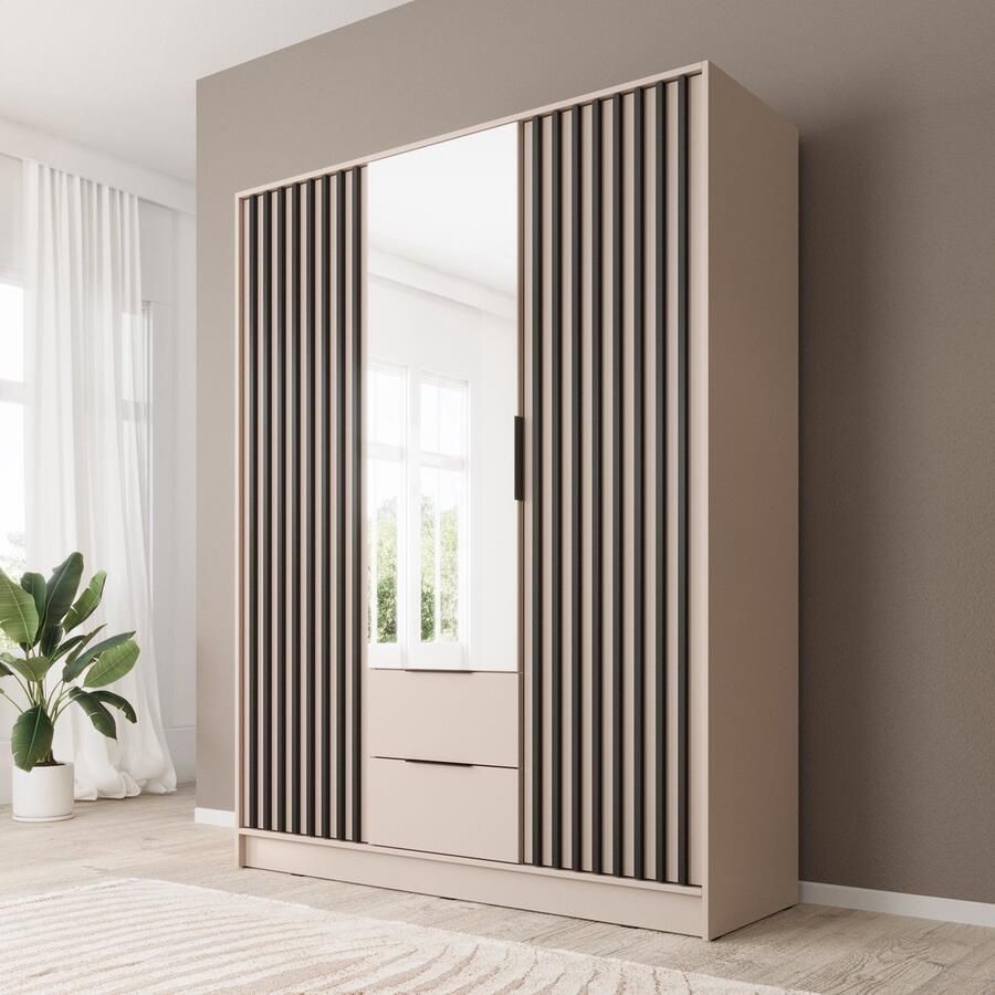 MEUBELLA Kledingkast Nairobi Beige Zwart 155 cm met spiegel